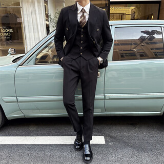 Less is more lilang suit men's three-piece trendy korean slim business casual small suit jacket groom wedding black s