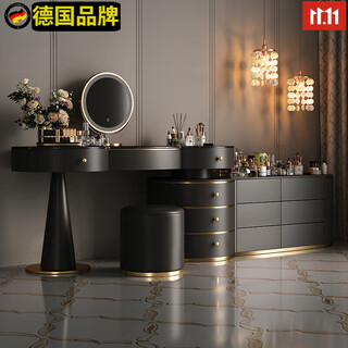 Mllhhco german brand italian solid wood dressing table saddle leather light luxury makeup table and chair bedside storage bedroom cabinet six-drawer cabinet high-end black dressing table + cabinet + led makeup mirror + makeup stool home installation