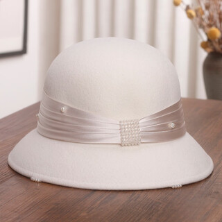 Hanqing mid-summer french pearl bow wool fisherman's hat women's autumn and winter warm temperament versatile basin hat elegant lady's top hat m (56-58cm) white