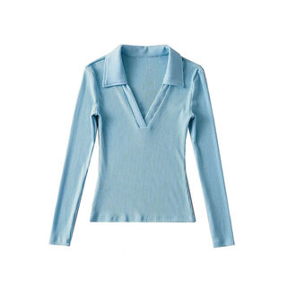 Younggirlday european and american hot girls sexy v-neck elastic tight slimming long-sleeved bottoming t-shirt jumpsuit top baby blue autumn and winter brushed version regular style s s