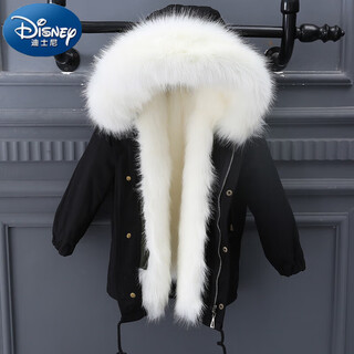 Disney children's parkas for girls and boys 2025 winter imitation fox fur coat fur cotton coat baby mid-length coat black shell + white liner 100 cm