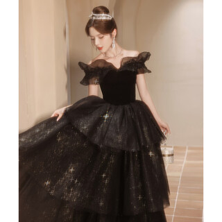 Black one-shoulder evening dress for women, high-end light luxury, niche adult ceremony, tutu skirt, dinner host art test, black 2xl 115jin jin is equal to 0.5kg -120jin jin is equal to 0.5kg, the card size is large