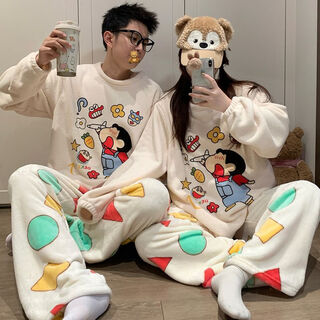 Mengdong crayon shin-chan pajamas for a man and a woman couple autumn and winter flannel warm coral velvet thickened cartoon home clothes tf velvet #3726# xl male size recommended 130-165 jin jin equals 0.5 kg