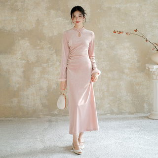 Chuchan clothing new chinese style velvet cheongsam women's 2025 new slim temperament national style improved dress pink engagement dress yingfen m ready in stock