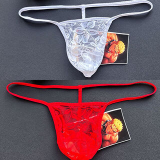 Slutty men's lace transparent thong, breathable sexy thong, personalized single thong underwear, white + red, 100-170jin jin equals 0.5kg, can be worn under the