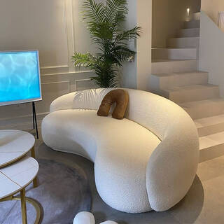 Fantasy nordic living room small apartment technology cloth beauty salon wedding shop rest area cashew semi-circular arc sherpa sofa 1+1+3+slate coffee table (black cabinet single drawer) coffee table panel lauren white