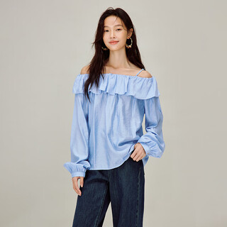 Inman one-shoulder french ruffled shirt 2026 spring women's new atmosphere long-sleeved shirt aqua blue xl