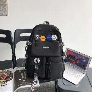 书包男韩版大学生高中生大容量初中生潮流双肩包背包女ins电脑包 黑色不带挂件带徽章
