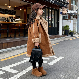 迪士尼（Disney）2025冬女童麂皮绒羊羔毛两面穿大衣中长款加绒加厚儿童毛毛外套潮 卡其色 150 cm