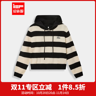 Ief/aiyifu 2025 new autumn and winter korean style fashion contrast striped casual all-match hooded woolen sweatshirt black and white strips one size