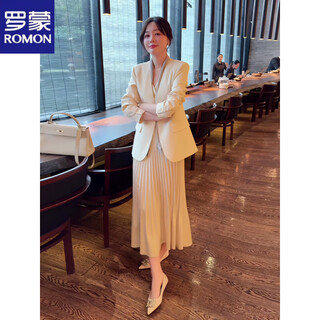 Romon yujie workplace suit for women 2026 spring and autumn new collarless suit jacket pleated skirt two-piece set beige three-piece suit xl