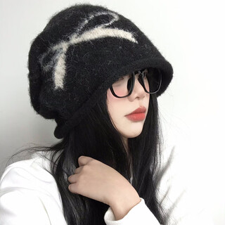 Complete bow black pile hat for women in autumn and winter retro large head circumference warm knitted cold hat showing face small baotou hat black one size (collection and purchase priority delivery)
