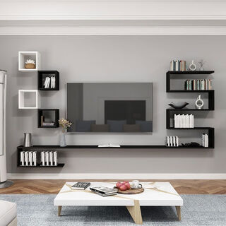 Qiao bo lai simple living room suspended wall-mounted tv cabinet decorative rack wall storage rack square cabinet wooden frame multi-layer total length 160cm black and white