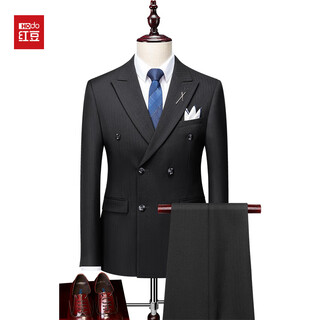 Red bean striped suit suit men's wedding and groom's formal dress double-breasted british style casual slim three-piece suit black xl