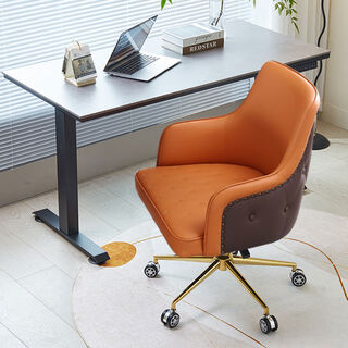 Yusenyi light luxury computer chair home comfortable leather office chair bedroom dressing stool lift makeup backrest desk swivel chair orange + brown first layer cowhide steel feet rotating lift armrest