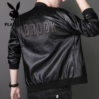 Playboy leather jacket men's autumn and winter trendy loose jacket baseball jacket leather jacket velvet thickened cycling jacket top 82119 black m 80-100jin jin is equal to 0.5 kg