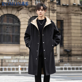 Romon men's windbreaker mid-length contrast color windbreaker men's hooded coat business top loose over-the-knee jacket black xl