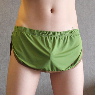 Men's thong underwear, seamless two-piece men's ice silk home pants with built-in single butt positioning casual shorts, military green m