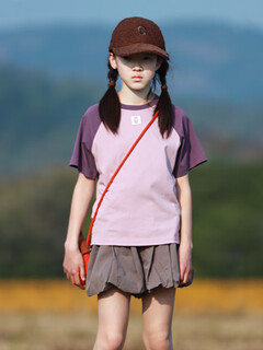 涂碟幽女童短袖T恤夏季中大童气质甜美套头百搭子装插肩袖拼接上衣 芋紫(短袖)ANT50206YZ抽绳短袖T 130 cm