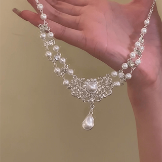 French drop pearl necklace retro princess palace style clavicle bride wedding dress evening dress diamond zircon necklace drop pearl necklace_alloy + artificial pearl