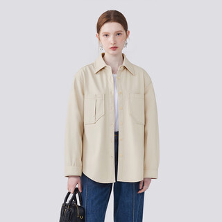 5+（FivePlus）翻领口袋加绒长袖衬衫女休闲纯色宽松显瘦百搭衬衣新款 杏色 S （100斤以内）