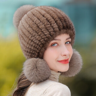 Princess mink hat women winter new warm fox fur ball mink fur ear hat casual mink hat korean version khaki one size elastic