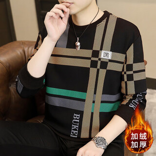 Counter genuine sweatshirt men's autumn and winter trendy slim fit plus velvet thickened warm round neck long-sleeved sweatshirt dk black (velvet thickened) l (recommended 115-135jin jin equals 0.5 kg)