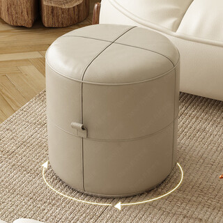 Huque round stool solid wood leather cosmetic stool rotating cosmetic chair light luxury and high-level sense master bedroom low stool living room coffee table stool round stool khaki 38*42 full napa leather + 360 turntable