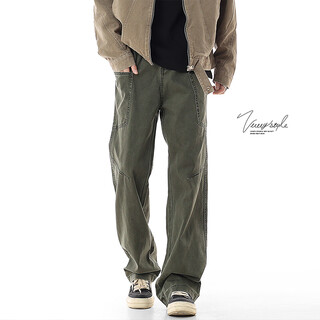 Vuug american retro washed overalls men's trendy brand high street cleanfit straight slim trousers gray green l