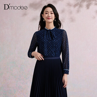 Daimashi fashionable elegant printed shirt 2025 winter new women's bow tie mesh pullover top navy blue m