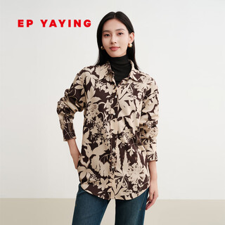 Ep yaying 2025 autumn new women's clothing temperament lapel printed twill wool loose long-sleeved shirt 2101a brown m