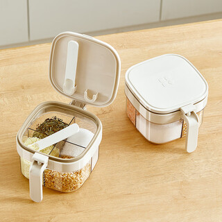 Treejack multi-compartment seasoning jar kitchen household salt, sugar, msg condiment storage square box with lid and spoon moisture-proof seasoning bottle