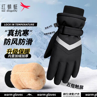 Red dragonfly gloves men's winter cycling warm gloves electric motorcycle plus velvet touch screen anti-cold wind anti-freeze cotton ski gloves