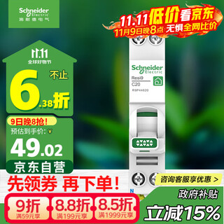 施耐德电气 空气开关1P+N C20A 小型家用紧凑型断路器 双进双出空开R9P44620