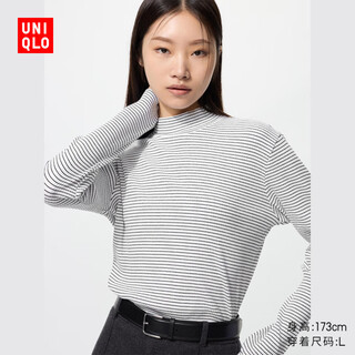 Uniqlo women's ribbed striped turtleneck t-shirt/long-sleeved small turtleneck inner wear 25 autumn and winter new style 481026 00 white s /155/80a