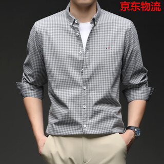 九牧王（JOEONE）秋季新款男士长袖衬衫商务休闲免烫抗皱感纯棉格子衬衣 灰绿 17262 M 165【建议100-120斤】
