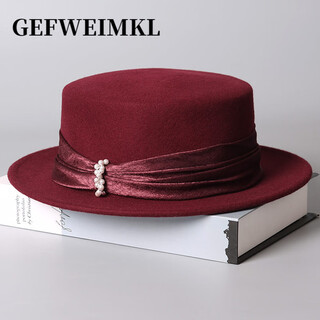 Gefweimkl merino wool hat women's autumn and winter new french retro elegant flat top wool hat satin pearl women enamel burgundy adjustable (56-58cm)