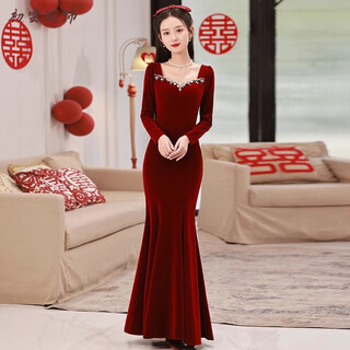 Meianjia velvet fishtail bridal toast wear high-end light luxury red dress women's slim winter long sleeve annual party burgundy 2xl