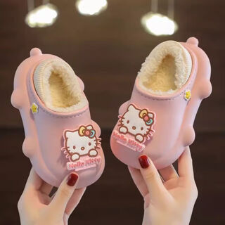 Puyahua waterproof children's cotton slippers kuromi bag heel warm girls cute waterproof girls baby slippers winter pink-hello kitty back bag heel super warm 10.5 base mark 140 inner length 13cm approximately size 20-21