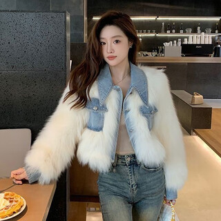 Madian 2025 new denim splicing furry autumn and winter imitation fur women's cotton thickened small high waist fashion short jacket white m recommended 80-100jin jin is equal to 0.5 kg
