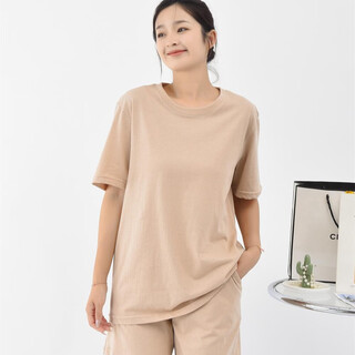 短袖短裤条纹居服无印针织睡衣良品天竺棉情侣套装休闲夏季 女款彩棉咖色纯色半袖 XL