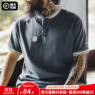 Madden workwear american retro baseball collar henley t-shirt men's heavy cotton right shoulder short sleeve clothes men's summer lava gray men's new style/light luxury high-end l