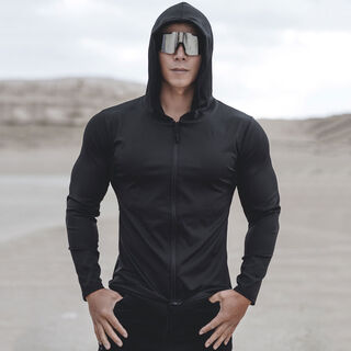 Sports quick-drying top, cool cycling clothing, outdoor training, casual fitness jacket, hooded sun protection clothing, long-sleeved men's black m m recommended 50-65kg