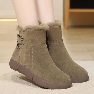 Belle step-off genuine leather snow boots for women winter thick-soled fur all-in-one short boots plus velvet thickened non-slip cotton boots military green 38