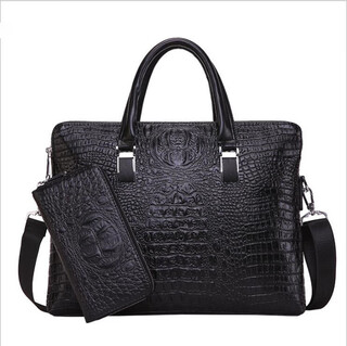 New men's bag crocodile pattern double pull handbag men's business briefcase fashionable cross-body shoulder computer bag brown single bag 14 inches