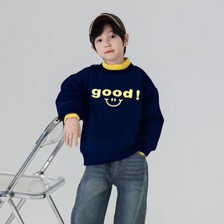 Youyoutonghua autumn and winter children's sweatshirt plus velvet, fashionable 2025 boys' cotton comfortable inner layer for middle and large children's bottoming shirt, navy blue 100 52