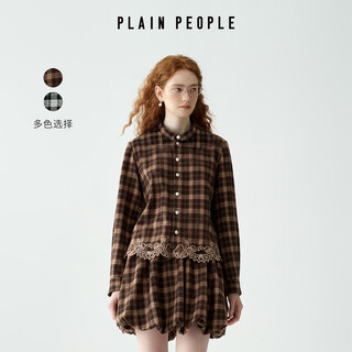 Plain people bath style retro college plaid lace webbing shirt top women 2025 winter new style coffee color s