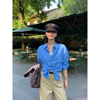 Pusumede madrid fantasy korean white lapel long-sleeved shirt for women loose temperament silhouette shirt blue ready stock s