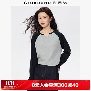 Giordano american-style football uniform for women, fashionable pure cotton small u-neck top, contrasting raglan long-sleeved t-shirt for women 13324719