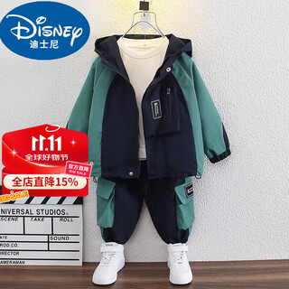 迪士尼（Disney）男童秋冬套装2024新款儿童洋气帅气男宝宝加绒加厚外套冬季运动服 绿色春秋款 100 建议90-100cm1岁半-2岁cm